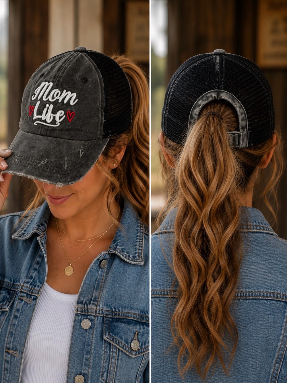 MOM LIFE DISTRESSED TRUCKER HAT WOMEN’S PONYTAIL CAP GRAY BLACK MESH ADJUSTABLE